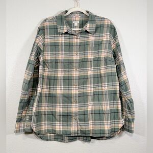 L.L. Bean Shirt Button Down Green Plaid Flannel Warm Outdoor Casual Women Large